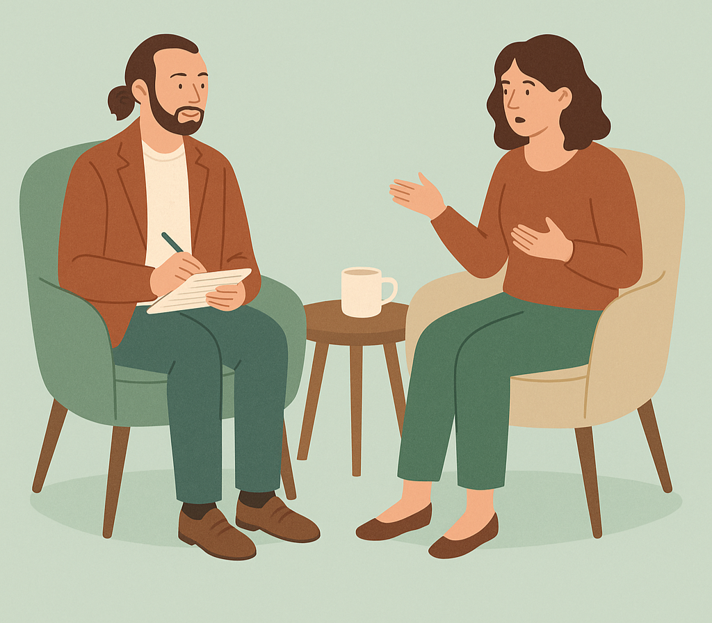 Psicologo cognitivo comportamentale in seduta di psicoterapia con una donna adulta, approccio evidence-based per ansia, depressione, disturbi emotivi neurodivergenze, spettro autistico, adhd