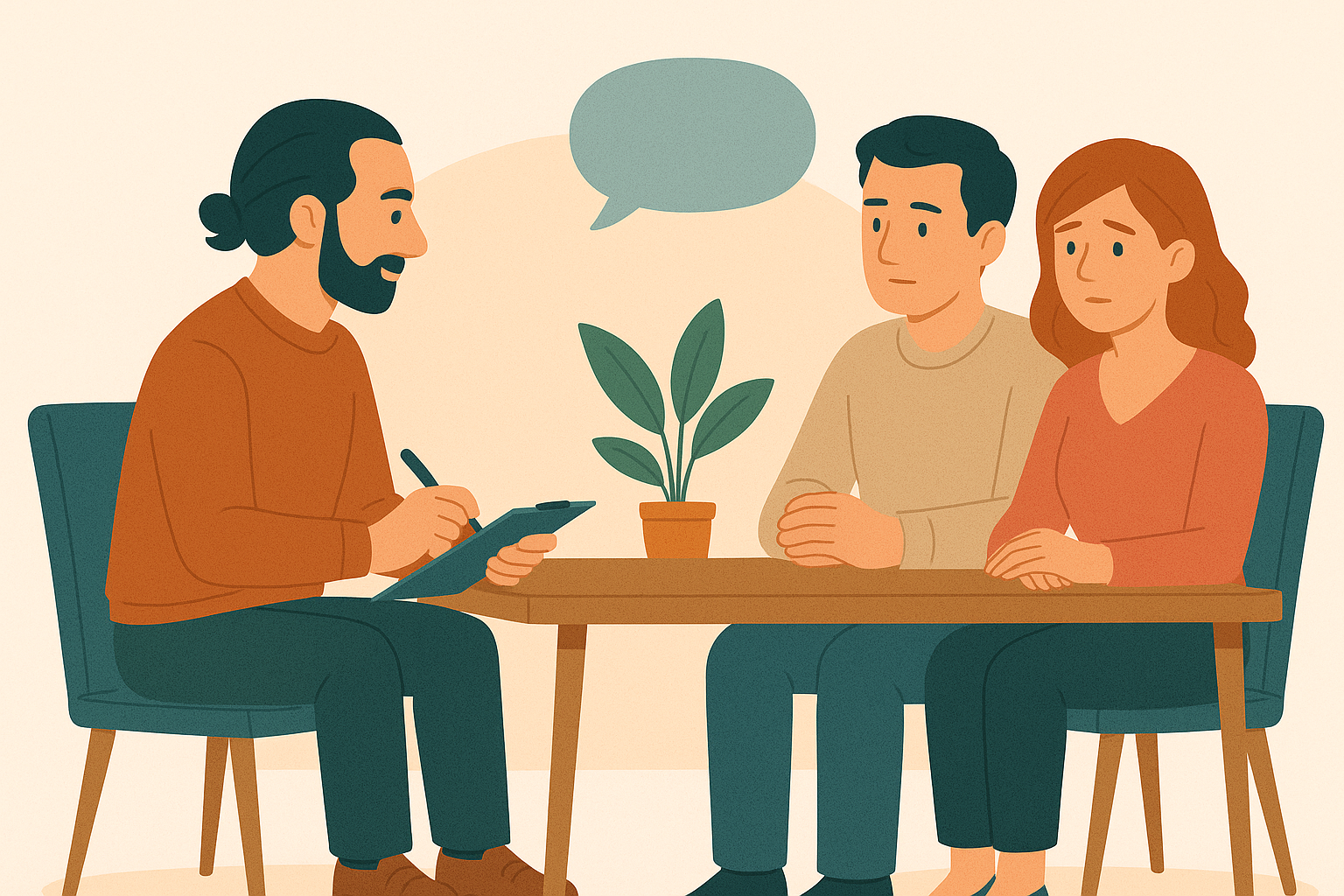 Illustrazione digitale in stile piatto che mostra uno psicologo seduto a una scrivania con due genitori. La scena trasmette un’atmosfera di ascolto e collaborazione, con toni caldi e professionali.