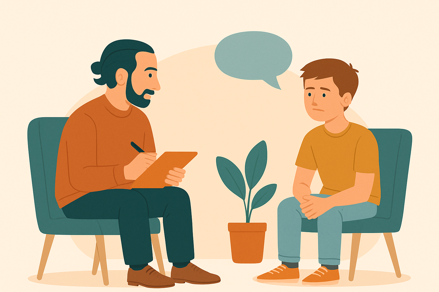 "Illustrazione digitale in stile piatto che raffigura uno psicologo e un adolescente seduti uno di fronte all’altro in uno studio accogliente. L’adolescente sembra esprimersi mentre il professionista ascolta con attenzione."
