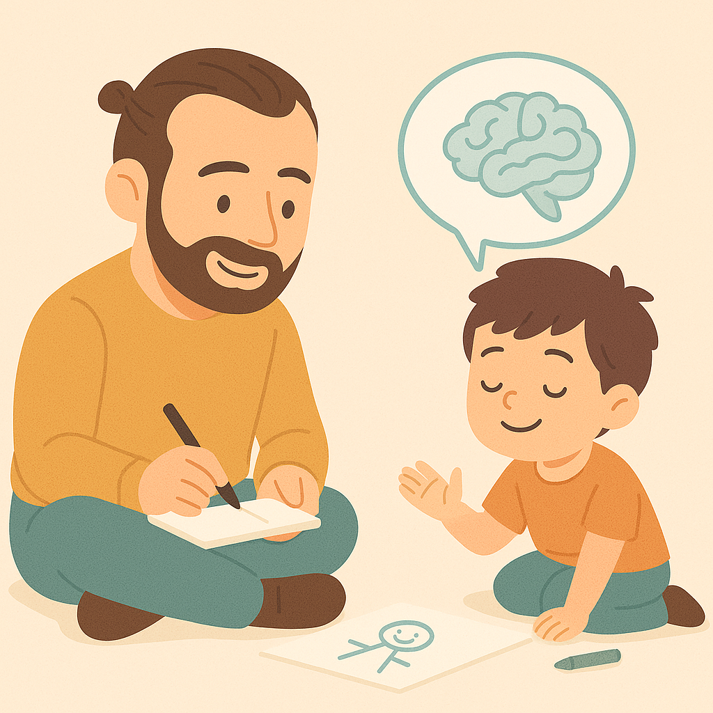 Illustrazione in stile flat di uno psicologo con codino che, seduto a un tavolo, disegna insieme a un bambino in un ambiente accogliente.