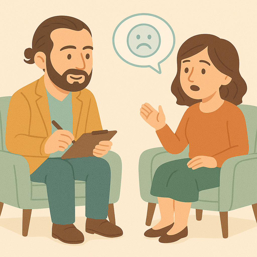 Illustrazione in stile flat di uno psicologo con codino seduto su una poltroncina, che ascolta una paziente adulta mentre prende appunti in uno studio luminoso e rilassante.