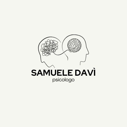 logo di Samuele Davì. L'immagine è il disegno stilizzato di due profili umani il cui cervello è rappresentato da una matassa. Le due matasse sono collegate, in una sagoma il filo è ingarbugliato, nella seconda è avvolto in un gomitolo