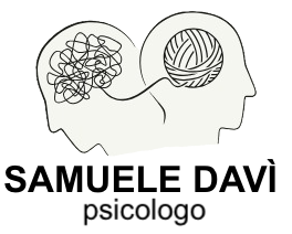 Samuele Davì psicologo logo. L'immagine è un disegno stilizzato di due profili umani, in cui il cervello in uno è una matassa ingarbugliata, mentre nell'altro la matassa è riavvolta in modo ordinato. Le due matasse sono legate